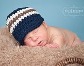 Baby Hat, Preemie/Newborn Baby Boy Crochet Cotton Striped Visor Beanie Baby Hat - Navy Blue, Ecru, Chocolate Brown Baby Boy Baby Hat