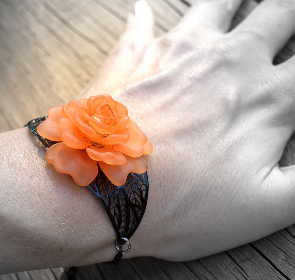 Burnt Orange Filigree Leaf and Flower Bracelet