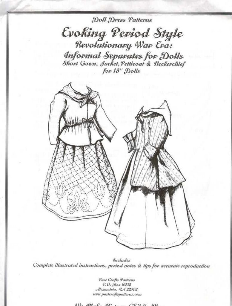 18 Inch Doll Clothes Pattern Past Craft Colonial Separates Short Gown 18th Century Historically Accurate American Girl Size UNCUT