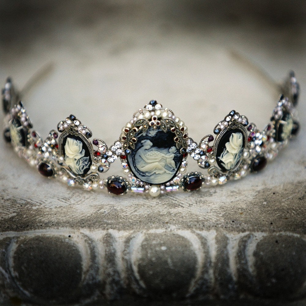 Drusilla tiara - Gothic headpiece, marcasite, garnet, cameo, pearls, rhinestones