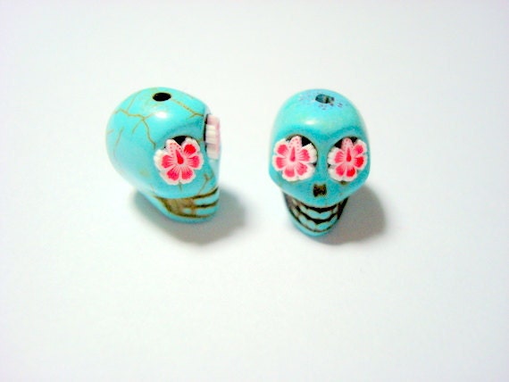 Red Hawaiian Hibiscus in Small Turquoise Day of The Dead  Sugar Skull Beads-12mm