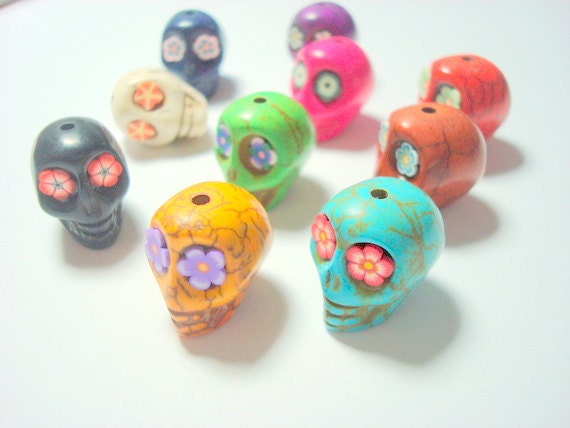 Rainbow Variety of  20mm Howlite Sugar Skull Beads with Flower Eyes