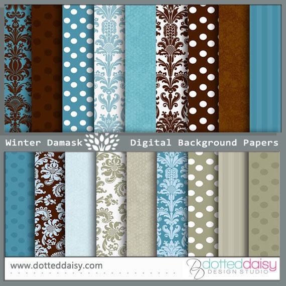 Instant Download--Winter Brown & Blues Damask Digital Background Papers