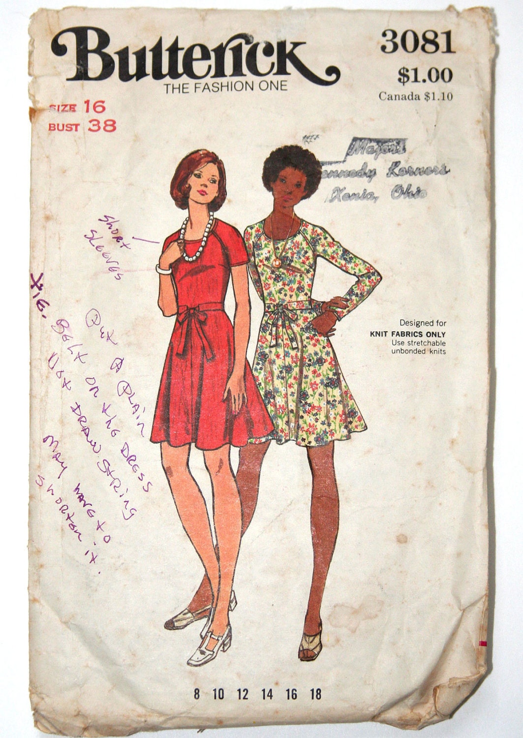 vintage sewing pattern 1970s knit dress with flared skirt Butterick 3081 - 38 bust