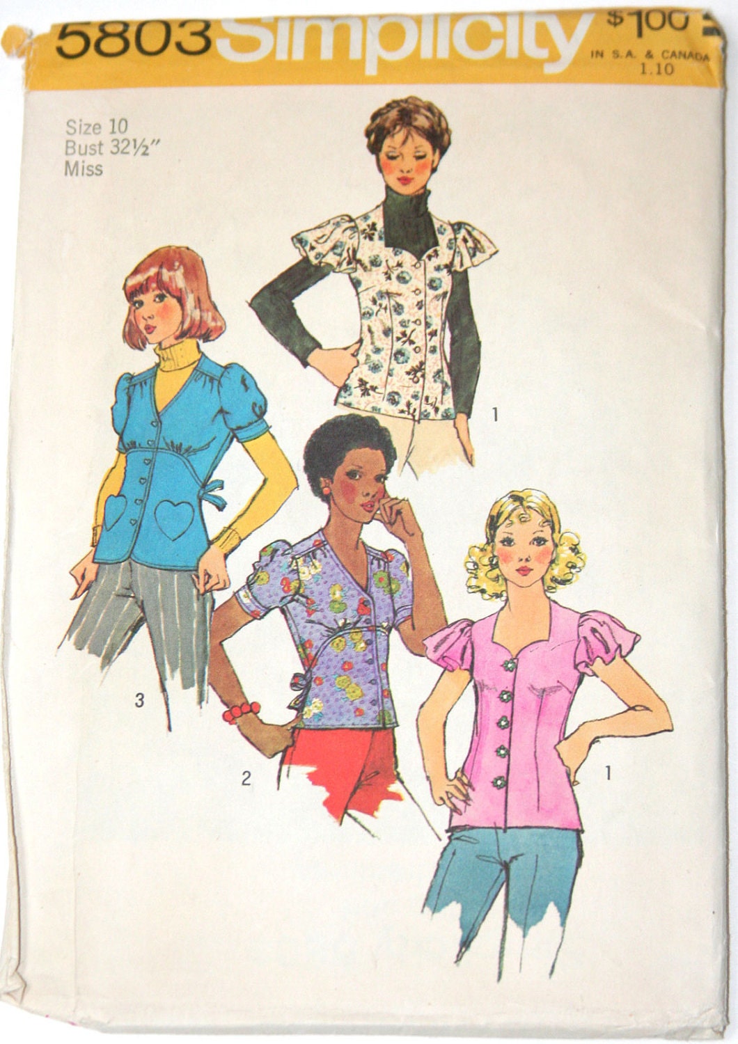 Vintage sewing pattern - button down blouse with puff sleeves - 1970s Simplicity 5803 - 32 1/2 bust