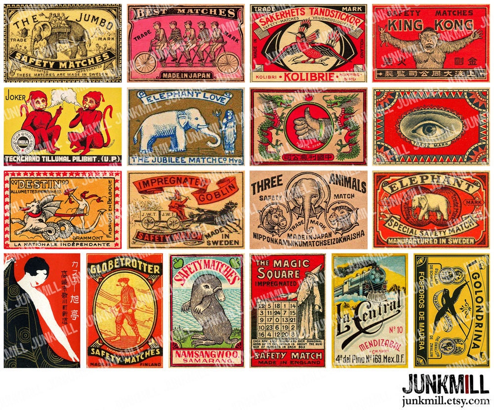 MATCHBOX MEDLEY - Digital Printable Collage Sheet - Vintage Matchbox Labels, Antique Matches, 1920s Circus Animals, Instant Download