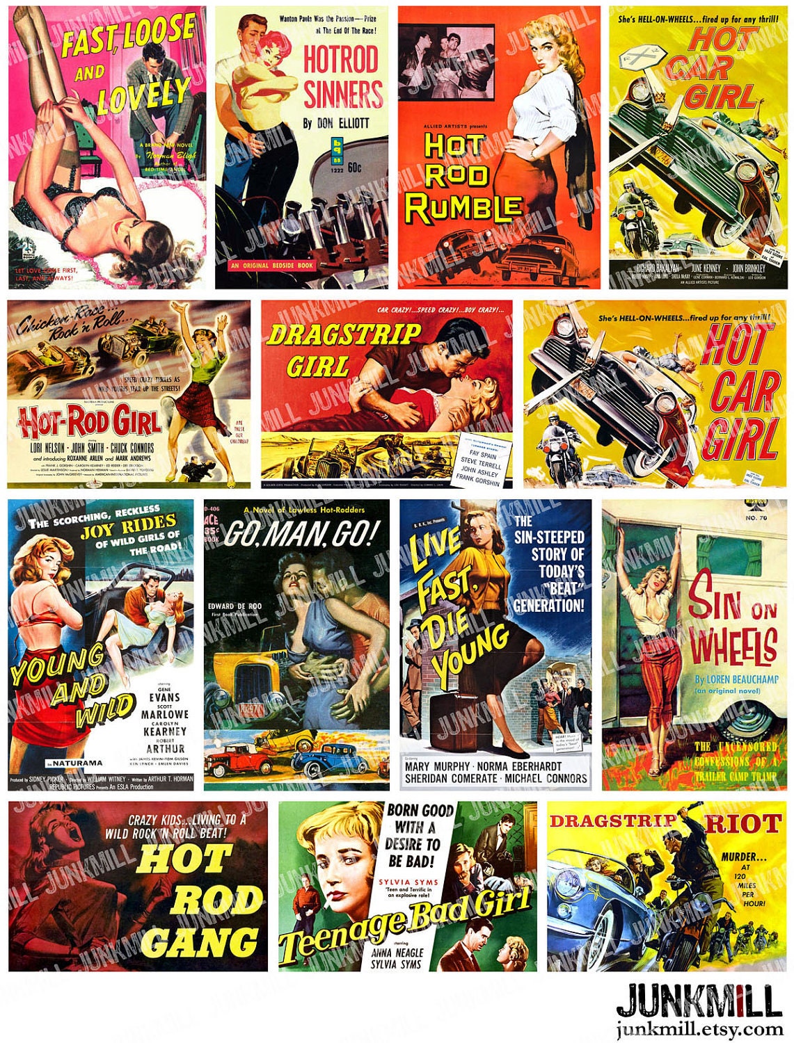 HOT ROD VIXENS - Digital Printable Collage Sheet - Dragstrip Pin-Up Girls, B-Movie Bad Girls & Drag Race Rumbles, Instant Download