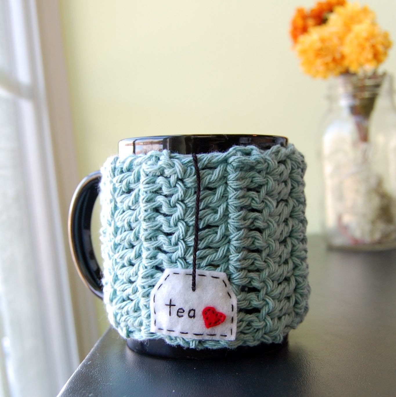 Tea Love Custom Mug Cozy Crocheted in Teal Blue - Coffee Cup Cosy - Made to Order