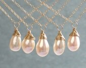 Bridesmaid Gift Set, 5 Pearl Drop Necklaces, Pearl Wire Wrapped, Gold fill, Modern Pearl Jewelry, Classic Pearl Necklace, Wedding Party Gift