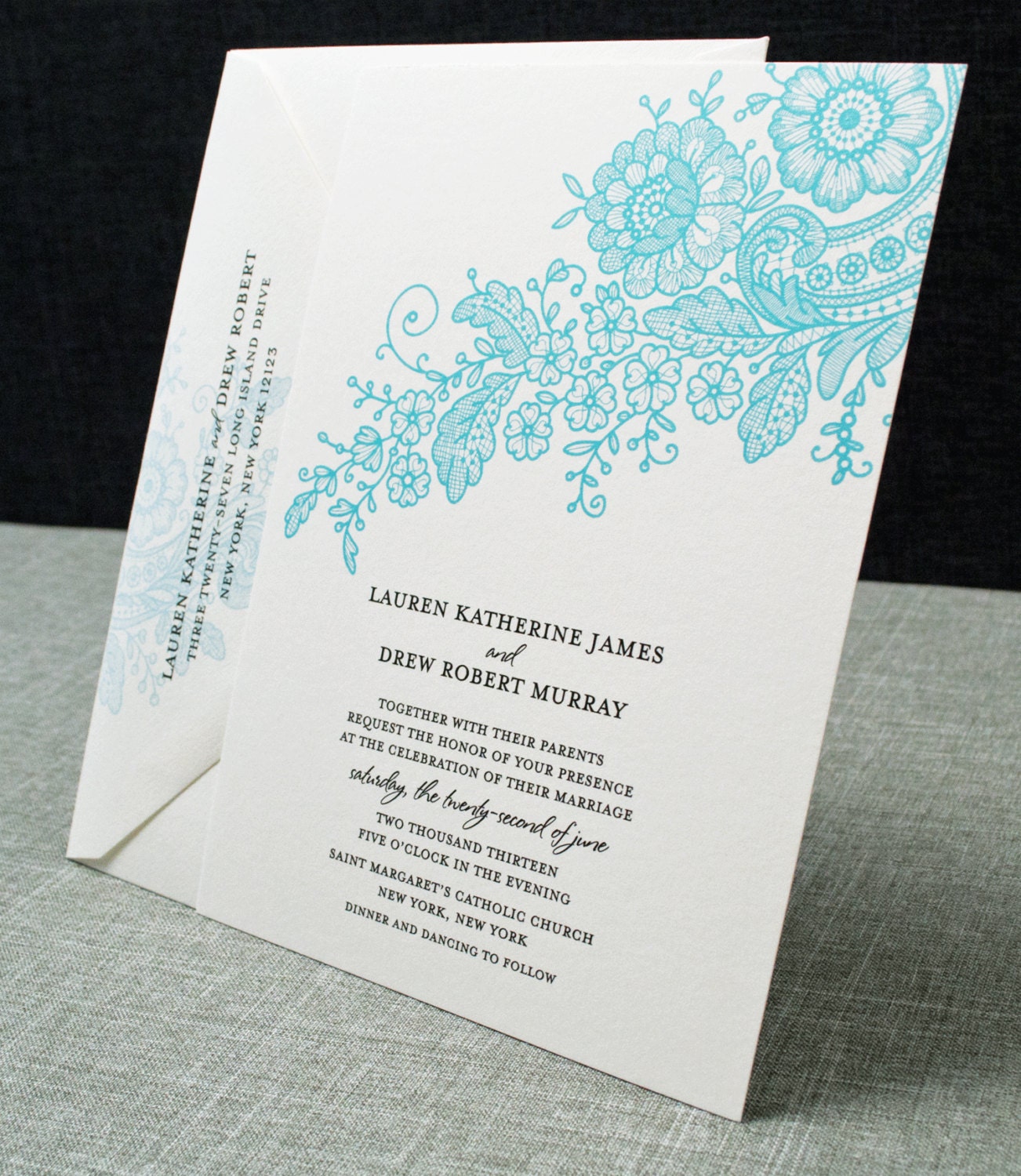 Lauren Lace Wedding Invitation - Teal Lace Custom Invitation (Sample)