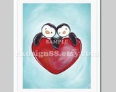 Valentines day, cute couple illustration, wedding anniversary gift, engagement, penguins acrylic drawing, heart, red, One Love print 8x10