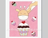 Valentine's Day Giraffe baby nursery art prints nursery decor kids art girls room decor childrens kitchen art pink Me Love Cupcakes 8x10