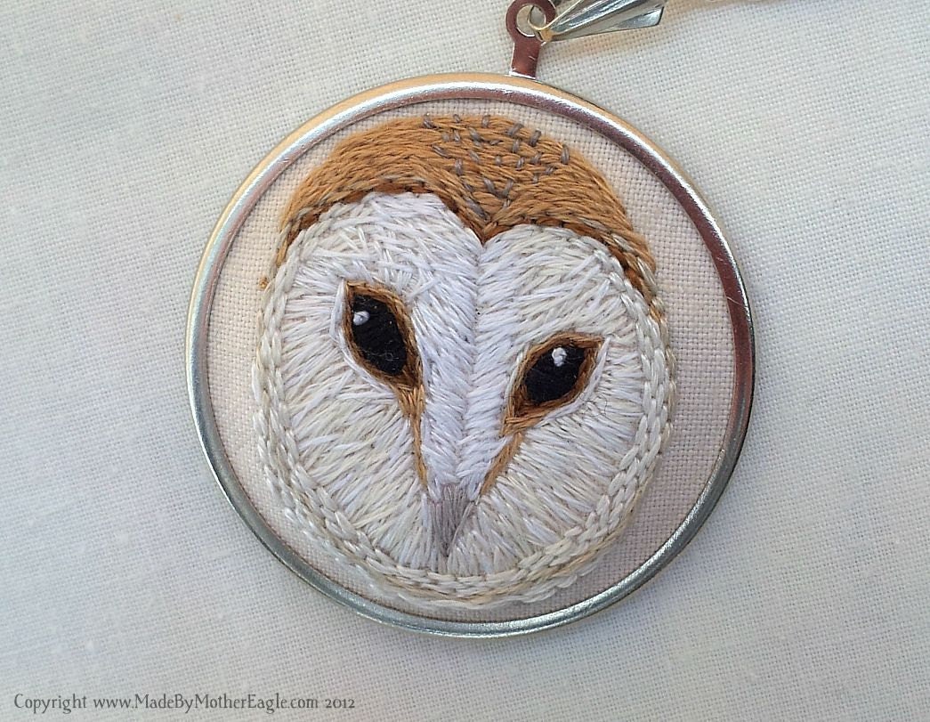 Barn Owl Pendant, Miniature Hand-Embroidery, MADE TO ORDER