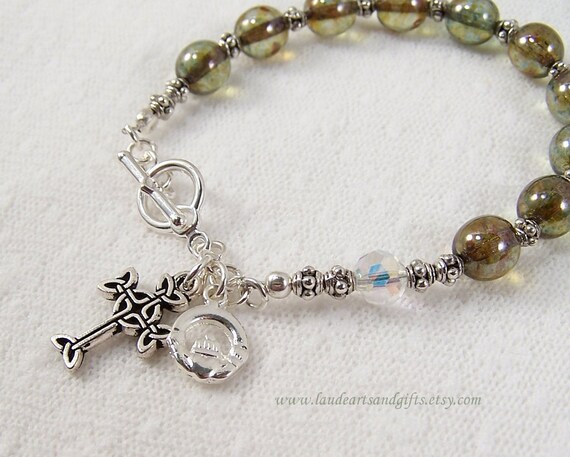 Irish Rosary Bracelet Celtic Claddagh Symbol Green Bohemian Glass Prayer Beads
