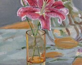 Framed Art Painting "Stargazer Lily and Dandelion" oil on canvas by Sarah Sedwick