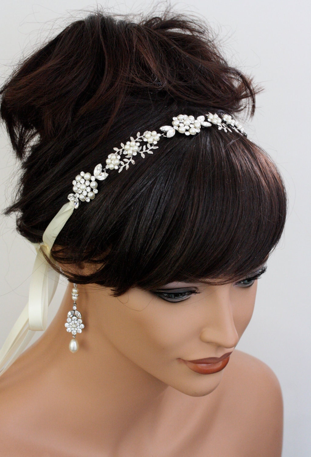 Wedding Headband, Ribbon Headband Bridal Headband Pearl Rhinestone Hair accessory  Swarovski Crystal Vintage Bridal ALICE RIBBON
