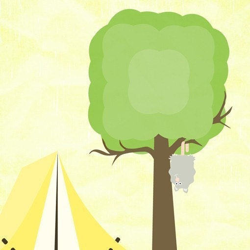 Woodland Nursery Art - 'The Camping Trip - Hangin Out' in Yellow 6x6 Art Print with an Opossum