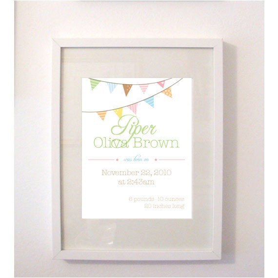 Custom Birth Print - Bunting Banner 8x10 Nursery Art Poster