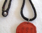 Paper Mache Pendant on hand knitted Necklace with Bee Button closure. All natural colors OOAK. Recycled Jewelry