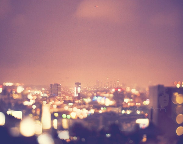 Los Angeles at night, LA photography, city lights Hollywood, downtown LA, cityscape skyline gold colorful bokeh art print, purple plum mauve
