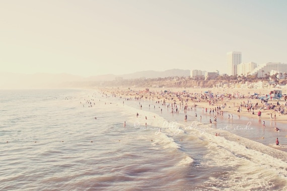 Los Angeles photography, Santa Monica beach photo, pale icy blue foamy waves, summer west coast vacation, California seaside, La La Land