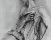 Figure Drawing in Black and White of Woman Holding Drapery.  Fine Art Print