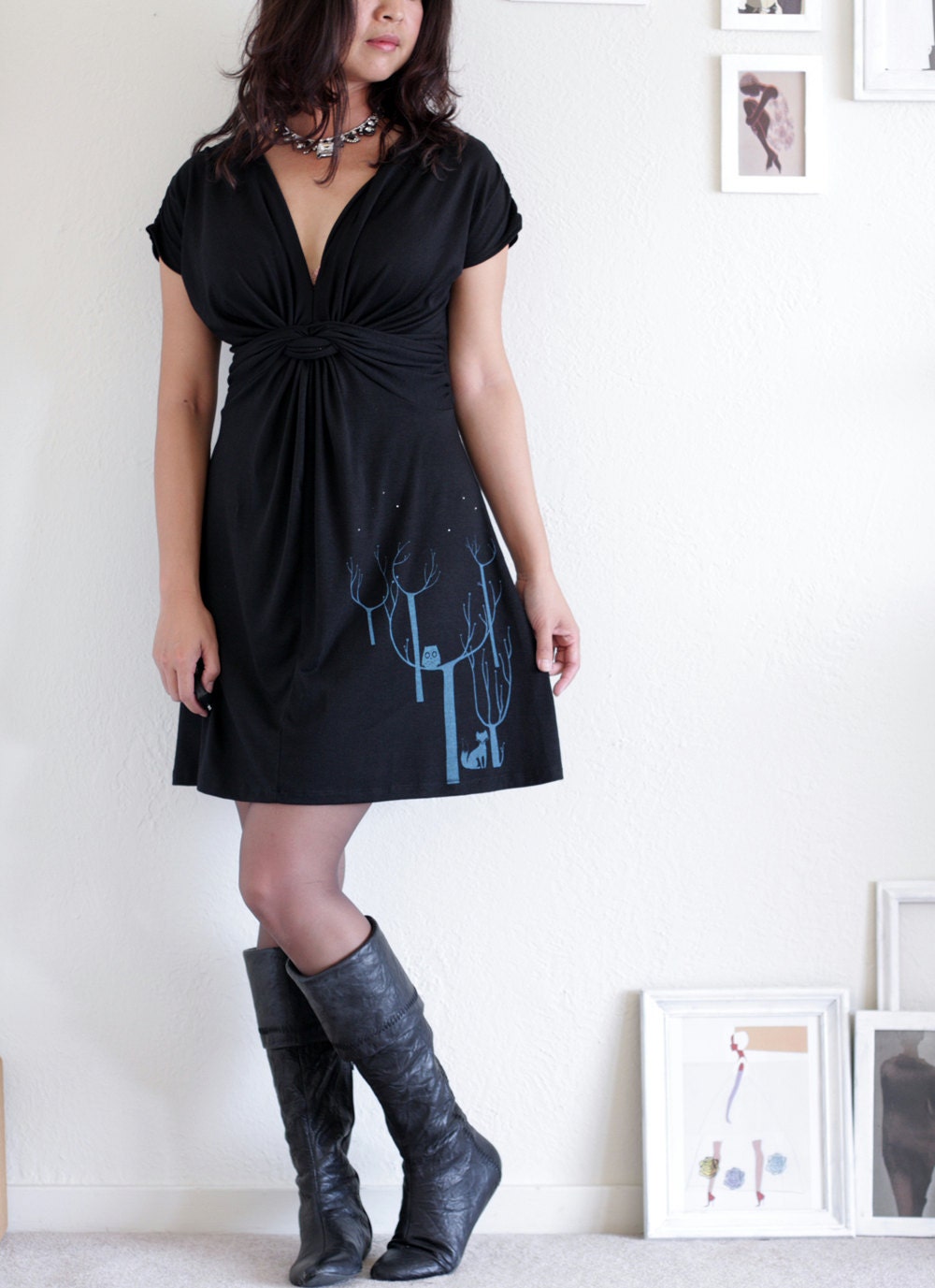 Black Friday Cyber Monday Sale - Women's jersey dress . Sexy V-neck dress . Women dress unique - Lovely Neighbors From the Woods-size M