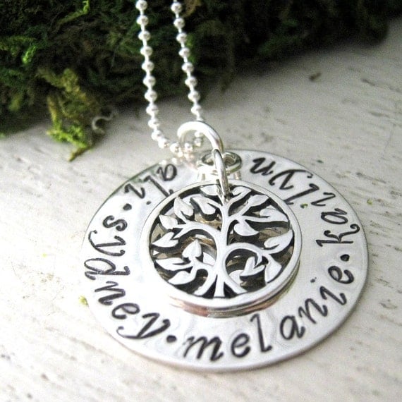 Family Necklace - Love All Around Family Tree - hand stamped necklace -mothers jewelry