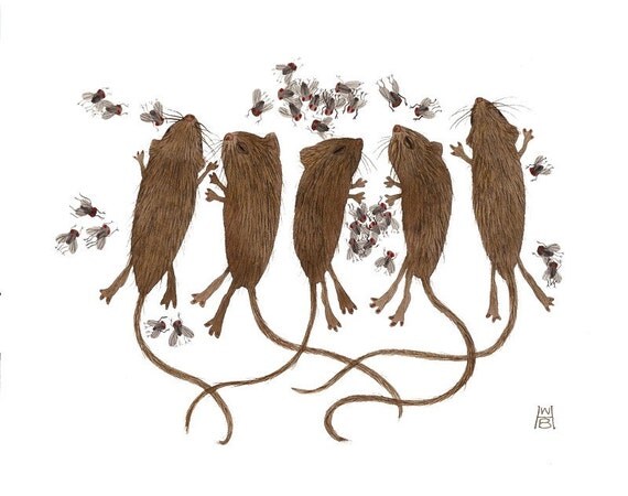 Curious Nature III field mice and flies original watercolor painting