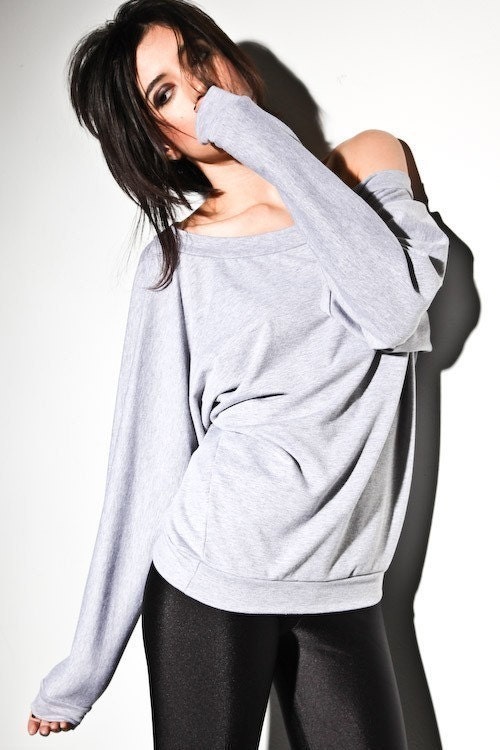 Oversized Dolman Sweater - Off Shoulder Sweatshirt, Dolman Top Heather Grey Small Medium Large