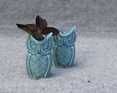 Tiny Owl Vase Pair in Stoneware with Turquoise Light Blue Glaze