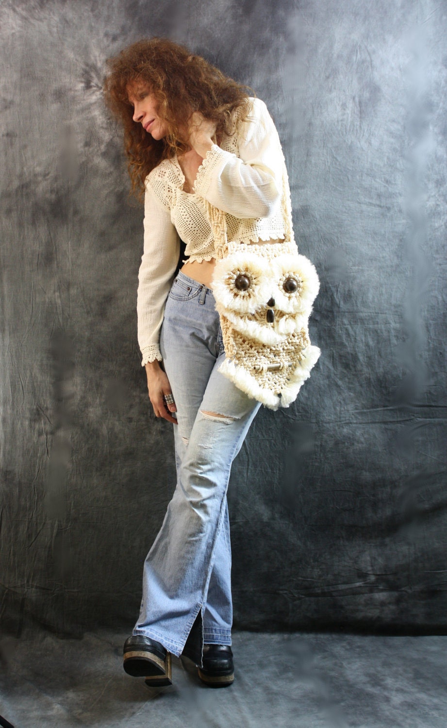 Vintage Style Hippie Macrame Owl Bag OOAK Handmade Woodstock Handbag Purse Made To Order