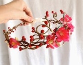 red wedding flower headpiece, pink cherry blossom, red flower hair accessory - GALWAY GIRL -  flower girl accessory, bridal head wreath