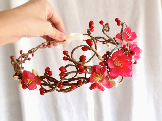 red wedding flower headpiece, pink cherry blossom, red flower hair accessory - GALWAY GIRL -  flower girl accessory, bridal head wreath