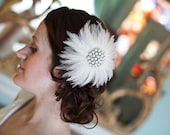 Bridal Fascinator Ivory Feather Clip Swarovski Crystal Ivory Feather Head Piece, brooch, bridal veil accent - EVIE