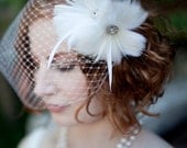 RENNES - Feather Flower Headpiece with Swarovski Crystal Accent Bridal Veil Wedding Headpiece