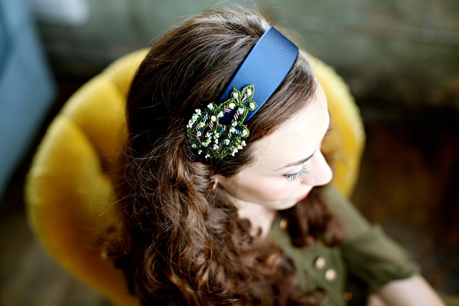 Navy Satin Beaded Sequin Headband Womens and Teens