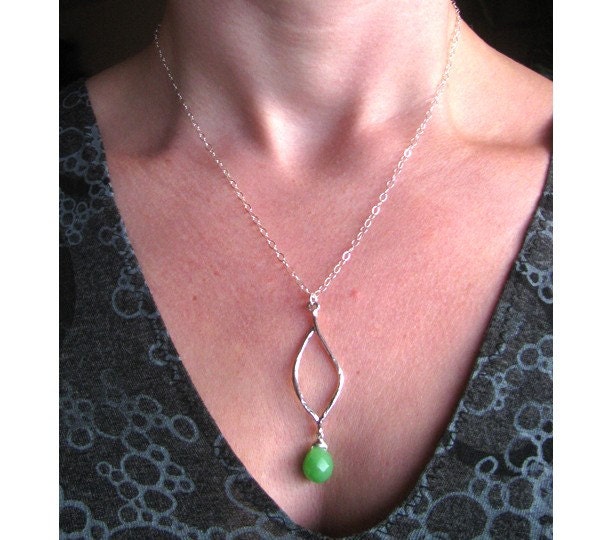 Elegant Silver Freeform Marquise Necklace with Apple Jade Briolette Drop on Sterling Silver Chain
