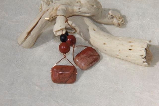 Warm earthy primitive rust jasper beaded earrings with creams, burnt earth and browns copper wire and findings