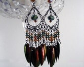Fairy Jewel Beetle Elytra Iridescent Wings Dangle Earrings Copper Gold Green Sparkling Pagan Priestess DIVINE UNDINES by Spinning Castle