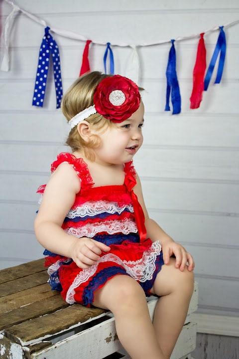 baby headband - flower headband- red flower on a white double ruffle elastic headband