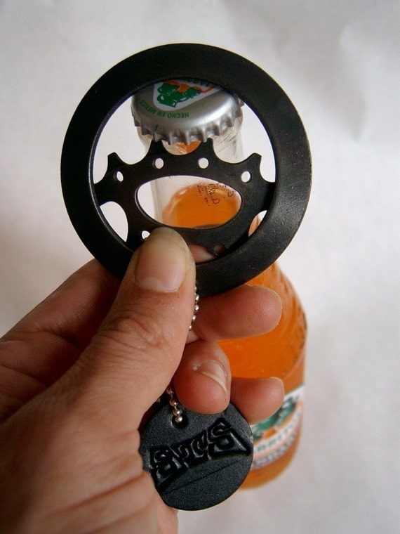 Recycled bike gear bottle opener