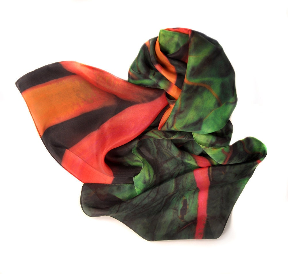 SILK SCARF - "Rainbow Chard" Fine Art Garden Vegetable Image on Habotai Silk - 14  x  72 - wearable art