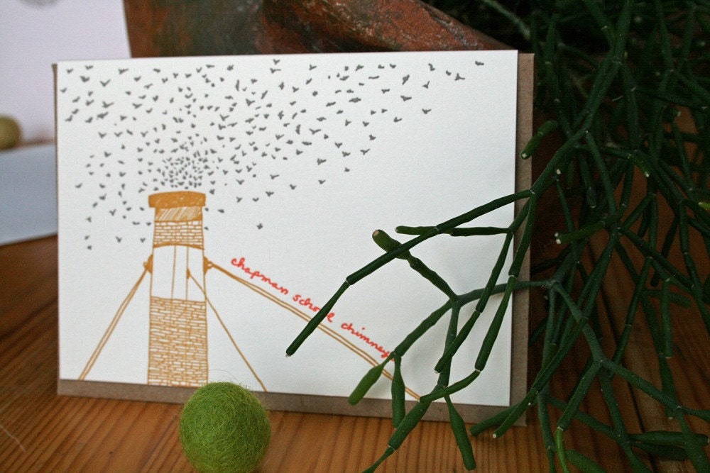 letterpress card of the Vaux's swifts Portland Oregon