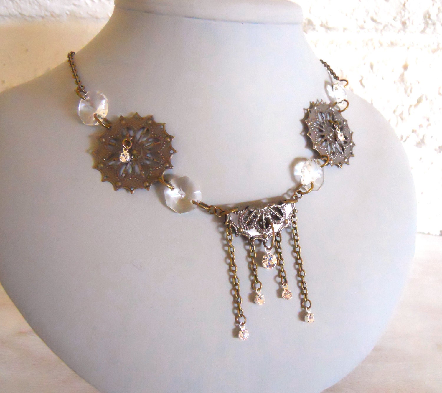 Antique brass necklace filigree ornaments brass and crystals- A trist with Beardsley