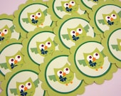 Green Owl Favor Tags, Irish, Shamrocks, Scalloped Embellishments for DIY Cupcake Topper Set of 12