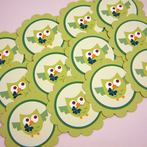 Green Owl Favor Tags, Irish, Shamrocks, Scalloped Embellishments for DIY Cupcake Topper Set of 12 Il_570xn