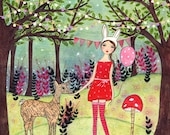 Whimsical Art, Woodland Deer and Girl, Fairytale Folk Art, Mixed Media Collage Painting, Art Print Mounted on Wood