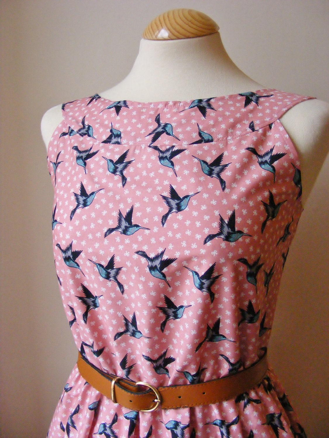 Pink Bird Vintage Inspired Dress / Handmade / Choose your size