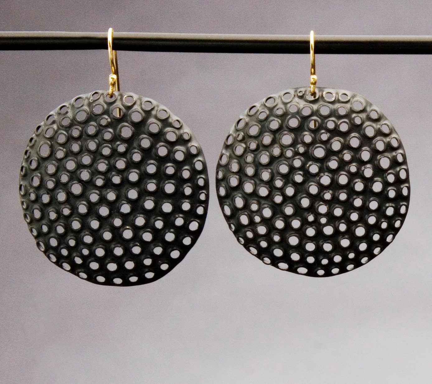 Blackened Sterling Silver Punched Hole Earrings w/ solid 18k hooks, Large Round Dangle